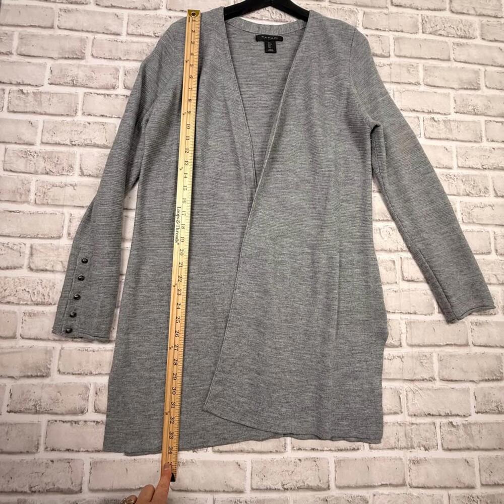 Tahari Merino Wool Blend Cardigan Open-front Gray Ribbed Knit Sweater Women's L - Picture 8 of 8